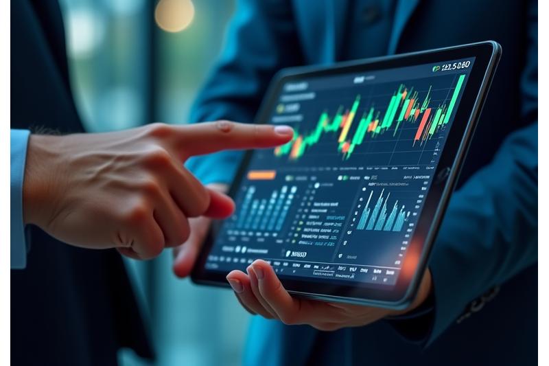 Mano apuntando a gráficos financieros en una tableta
