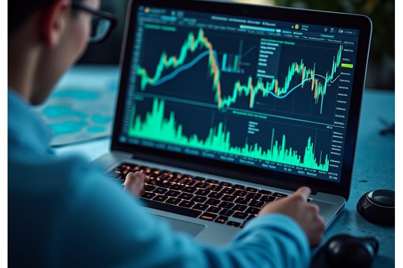 Persona analizando gráficos de datos de mercado en un ordenador portátil