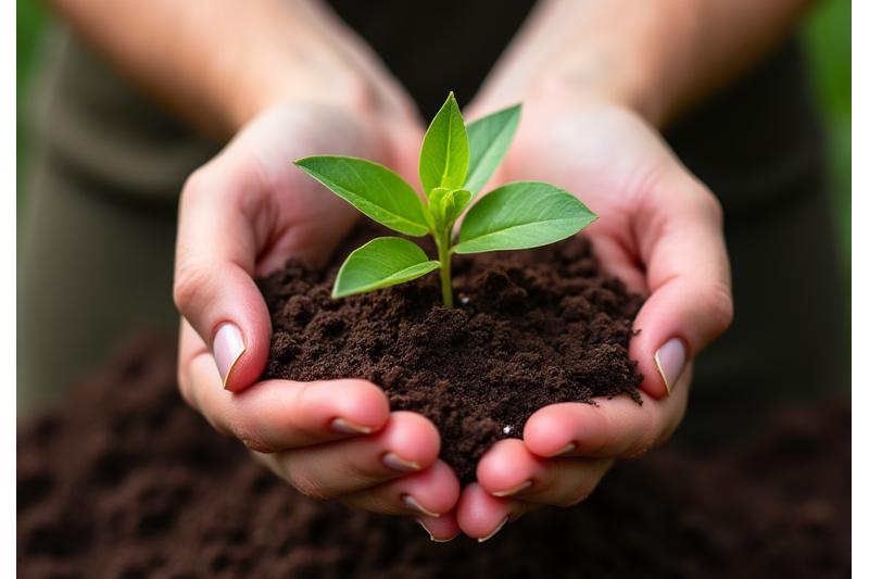 Manos sosteniendo una planta verde joven sobre la tierra
