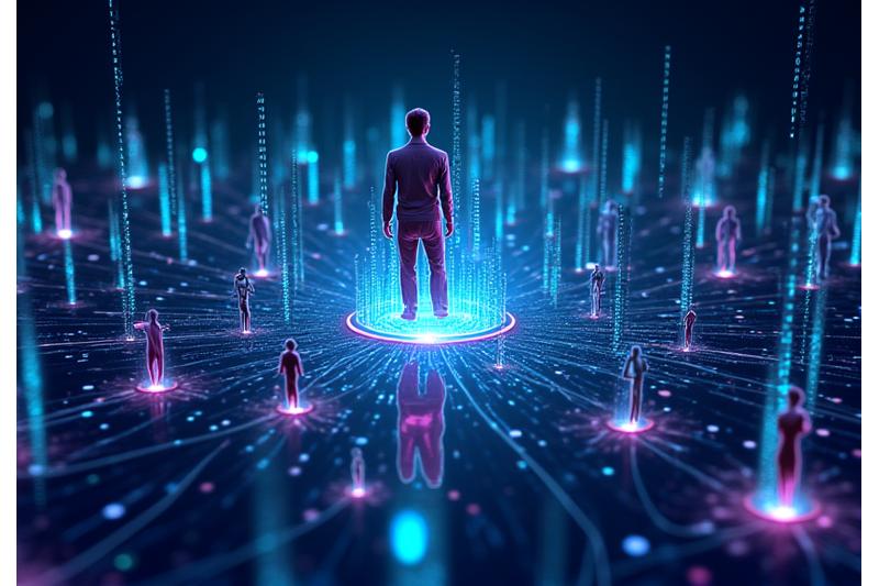 Código binario y personas conectándose digitalmente